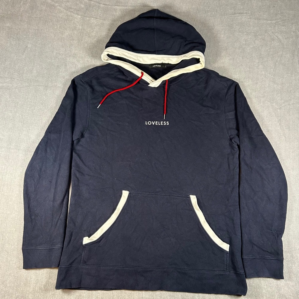 Loveless Navy Blue Hoodie Red Drawstring Cream Trim Streetwear Large